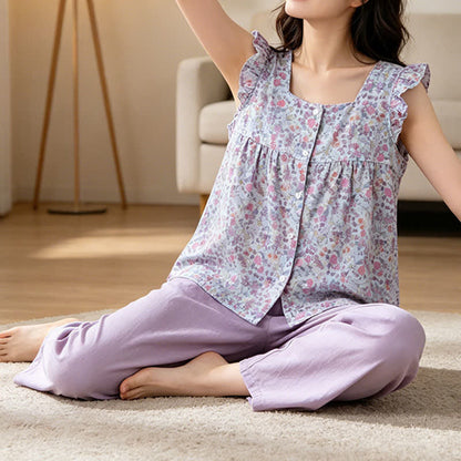 Floral Cotton Gauze Ruffle Loungewear Set