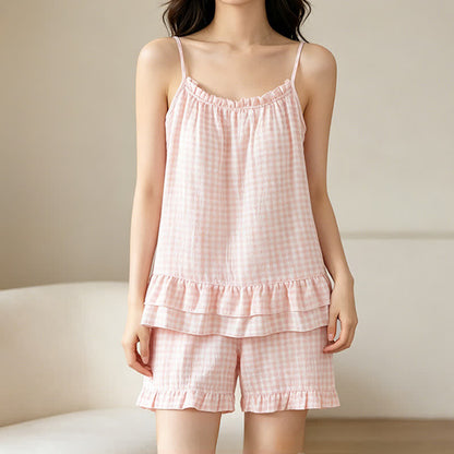 Soft Gingham Cotton Ruffle Loungewear Set