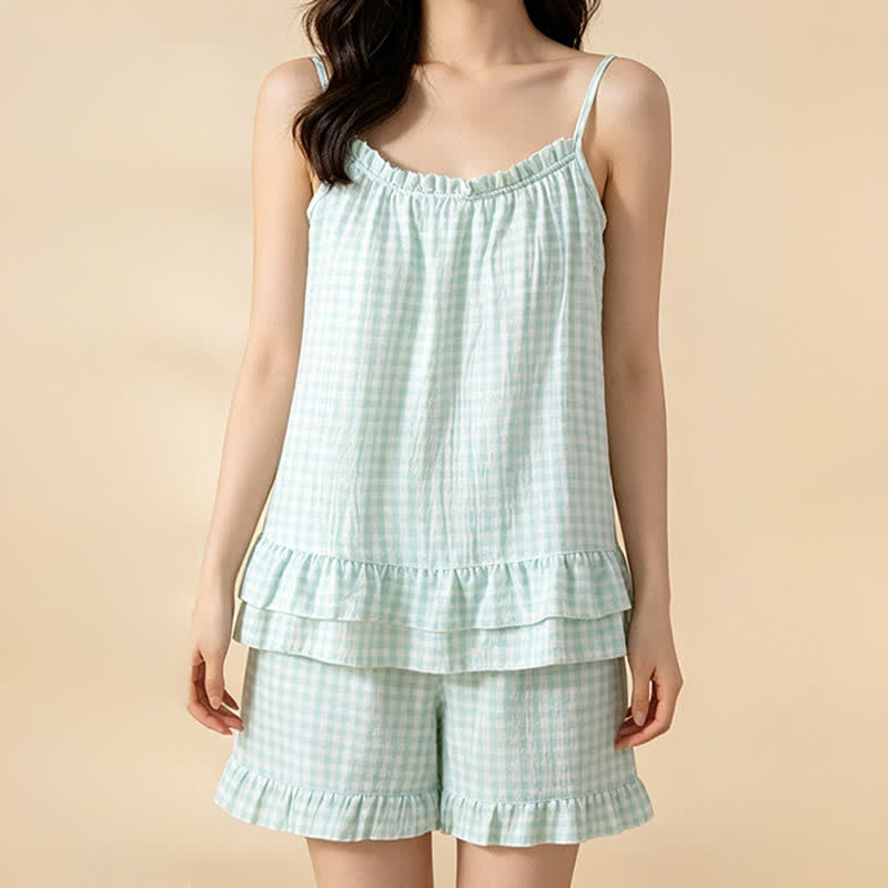 Soft Gingham Cotton Ruffle Loungewear Set