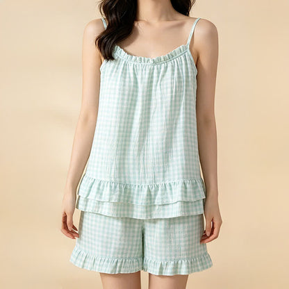 Soft Gingham Cotton Ruffle Loungewear Set