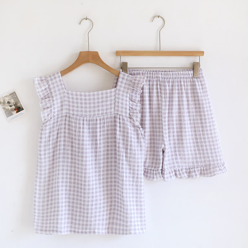 Ruffle Sleeve Gingham Cotton Pajama Set