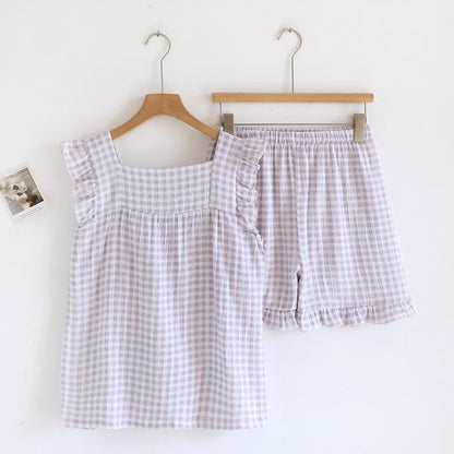Ruffle Sleeve Gingham Cotton Pajama Set