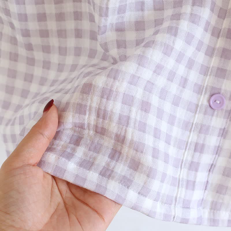 Ruffle Sleeve Gingham Cotton Pajama Set