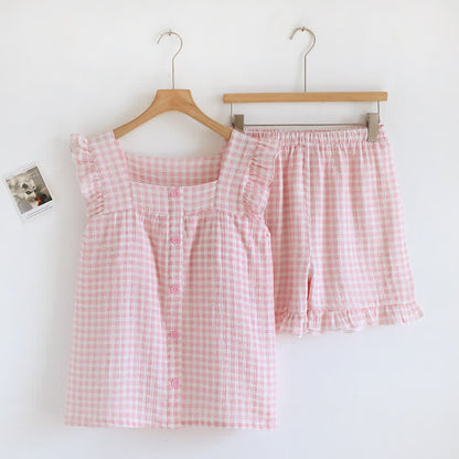 Ruffle Sleeve Gingham Cotton Pajama Set