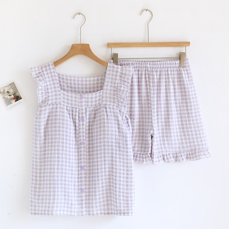 Ruffle Sleeve Gingham Cotton Pajama Set