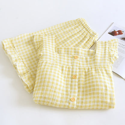Ruffle Sleeve Gingham Cotton Pajama Set