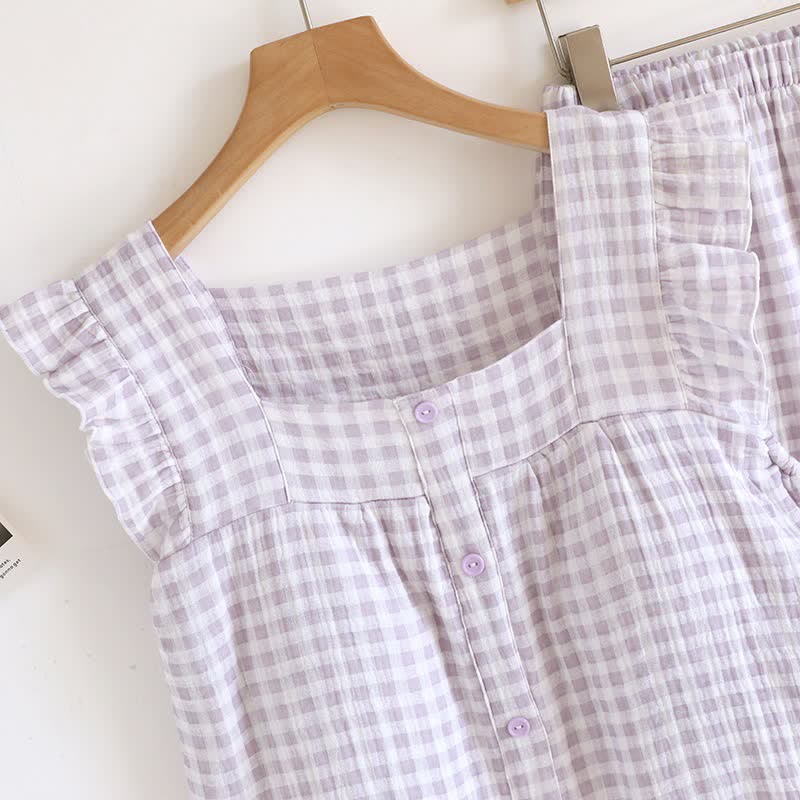 Ruffle Sleeve Gingham Cotton Pajama Set
