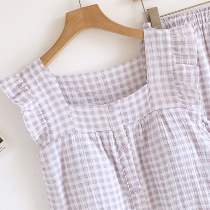Ruffle Sleeve Gingham Cotton Pajama Set