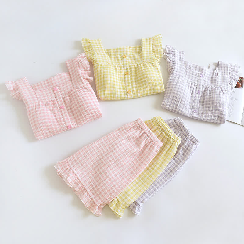 Ruffle Sleeve Gingham Cotton Pajama Set