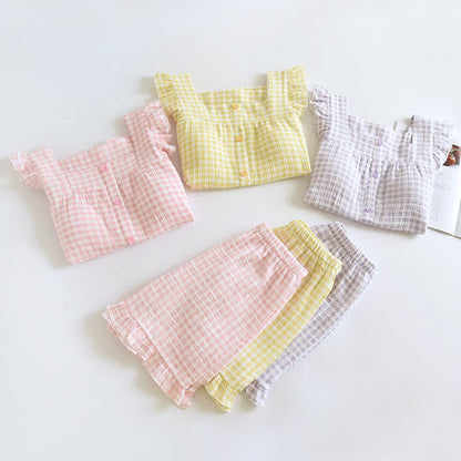 Ruffle Sleeve Gingham Cotton Pajama Set