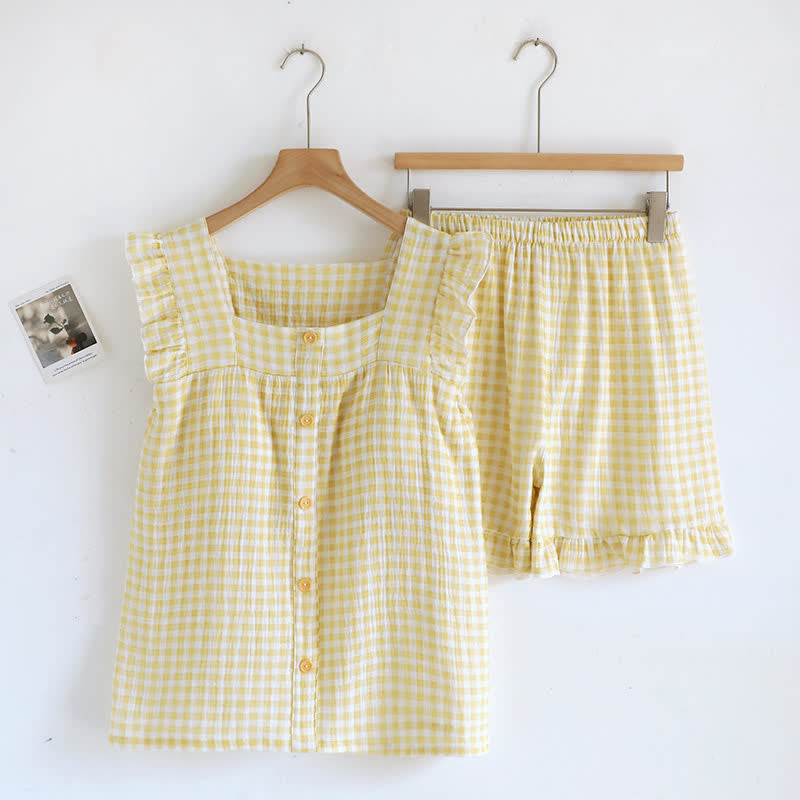 Ruffle Sleeve Gingham Cotton Pajama Set
