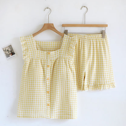 Ruffle Sleeve Gingham Cotton Pajama Set