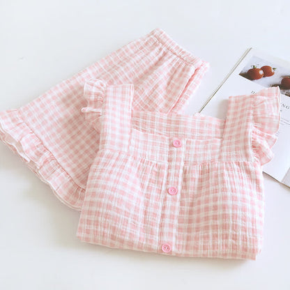 Ruffle Sleeve Gingham Cotton Pajama Set