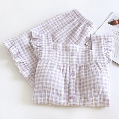 Ruffle Sleeve Gingham Cotton Pajama Set