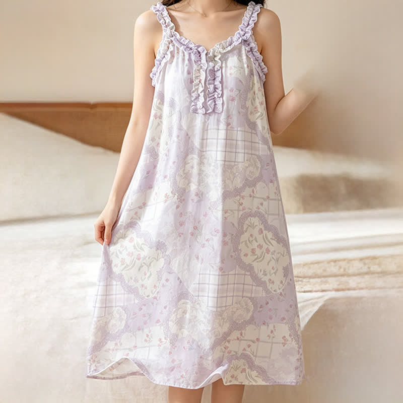 Ruffle Neck Floral Bamboo Cotton Nightgown