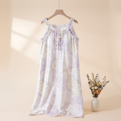 Ruffle Neck Floral Bamboo Cotton Nightgown