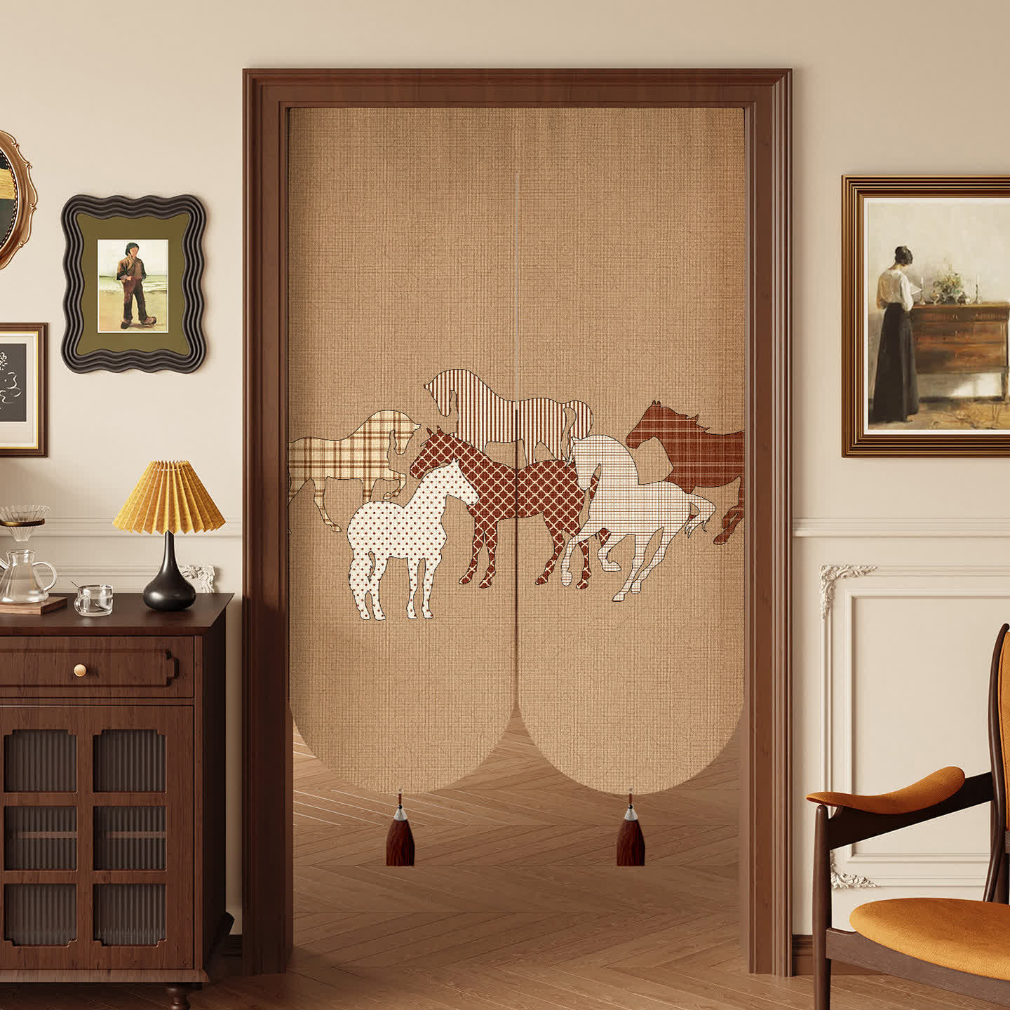 Retro Horse Pattern Linen Doorway Curtain 0514 Brown Curtains Door Tapestry Doorway Curtain Fabric Partition Floral Horse Privacy Screen Rod Pocket Room Divider Tassel