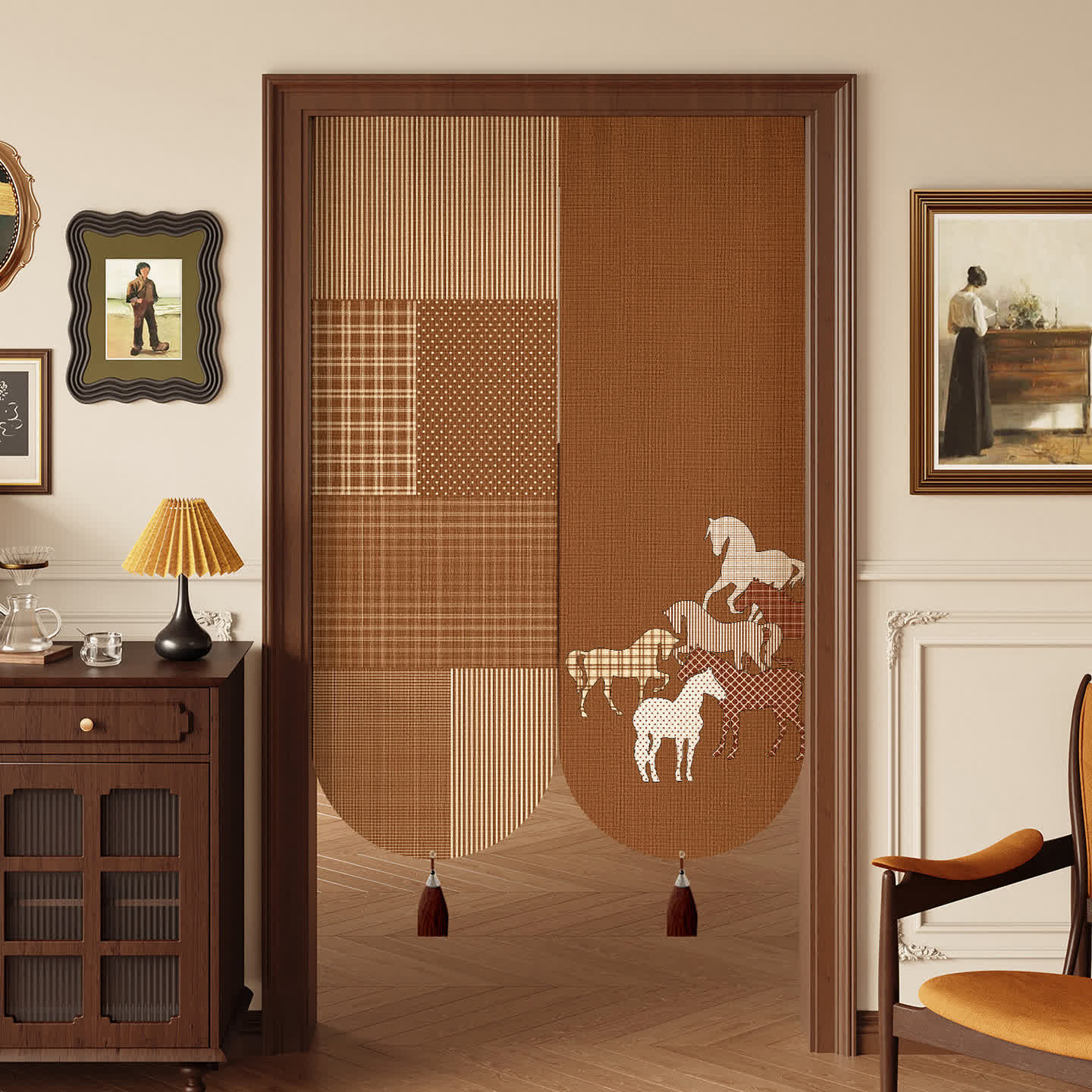 Vintage Equestrian Room Divider Door Curtain 0514 Brown Curtains Door Tapestry Doorway Curtain Equestrian Fabric Partition Floral Horse Privacy Screen Room Divider