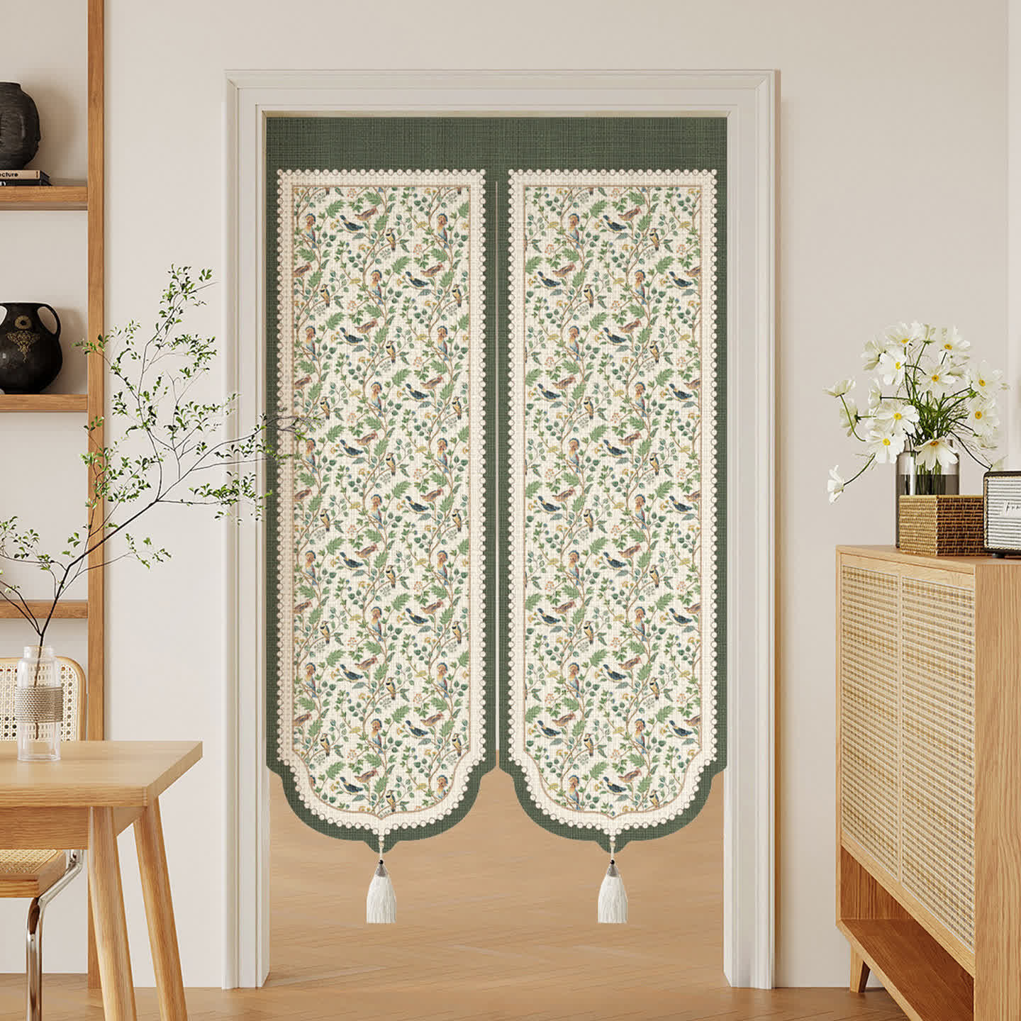Forest Birds & Botanical Doorway Curtain 0514 Curtains Door Tapestry Doorway Curtain Fabric Partition Floral Floral Bird Green Privacy Screen Room Divider