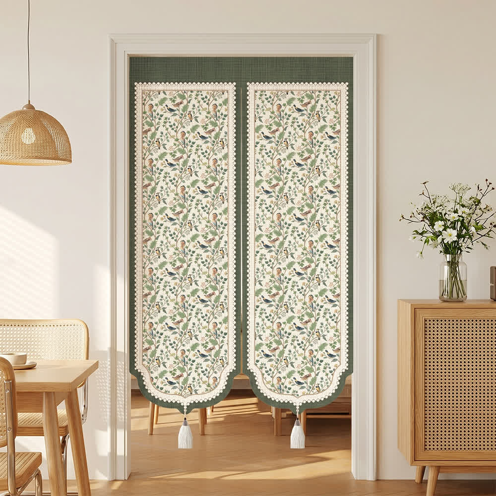 Forest Birds & Botanical Doorway Curtain 0514 Curtains Door Tapestry Doorway Curtain Fabric Partition Floral Floral Bird Green Privacy Screen Room Divider