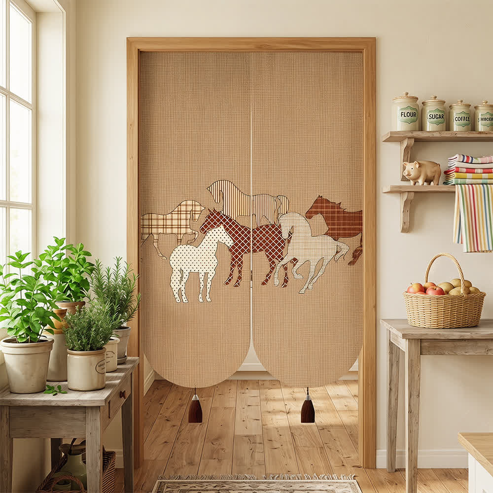 Retro Horse Pattern Linen Doorway Curtain 0514 Brown Curtains Door Tapestry Doorway Curtain Fabric Partition Floral Horse Privacy Screen Rod Pocket Room Divider Tassel