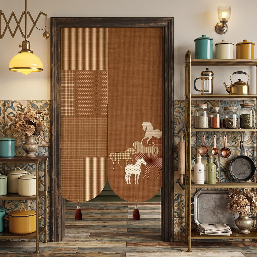 Vintage Equestrian Room Divider Door Curtain 0514 Brown Curtains Door Tapestry Doorway Curtain Equestrian Fabric Partition Floral Horse Privacy Screen Room Divider