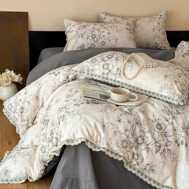 Botanical Bedding With Scalloped Lace Edging