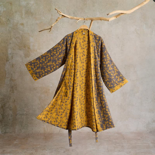 Yellow Floral Cotton Gauze Kimono Robe