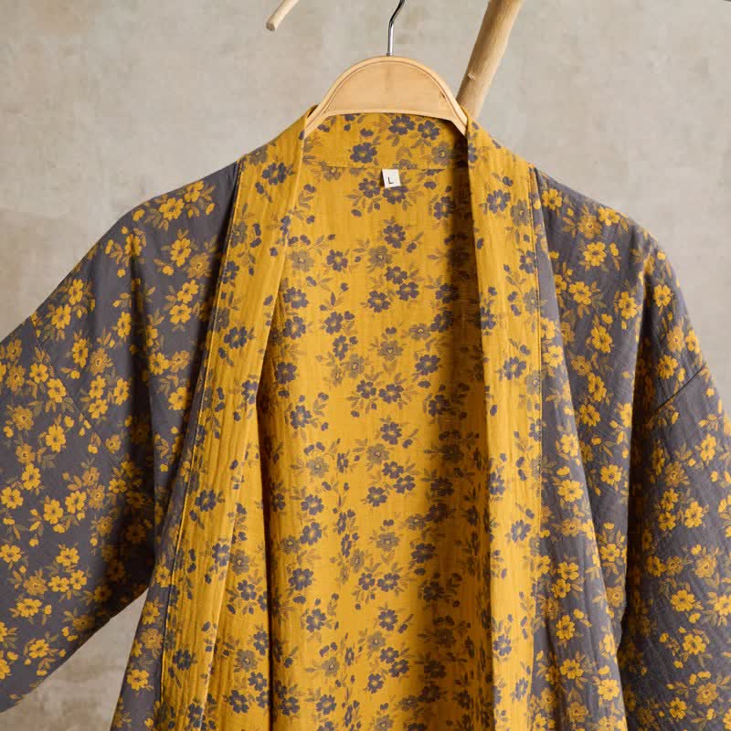 Yellow Floral Cotton Gauze Kimono Robe