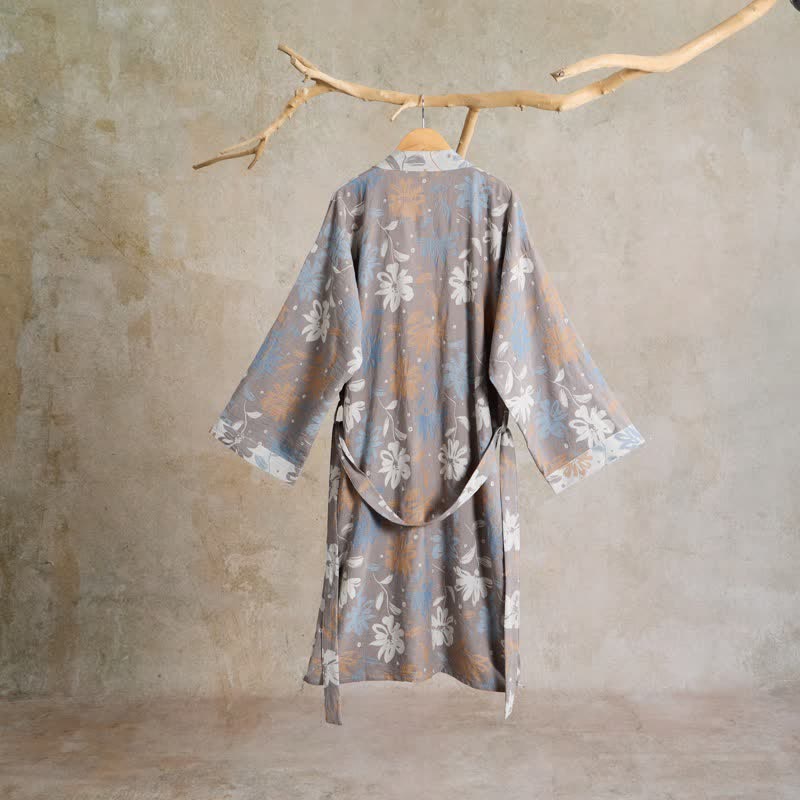 Gray Floral Cotton Gauze Kimono Robe