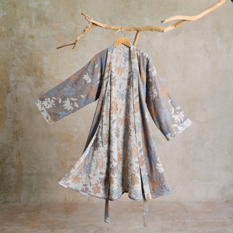 Gray Floral Cotton Gauze Kimono Robe