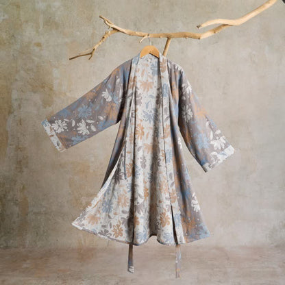Gray Floral Cotton Gauze Kimono Robe