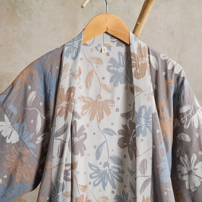 Gray Floral Cotton Gauze Kimono Robe