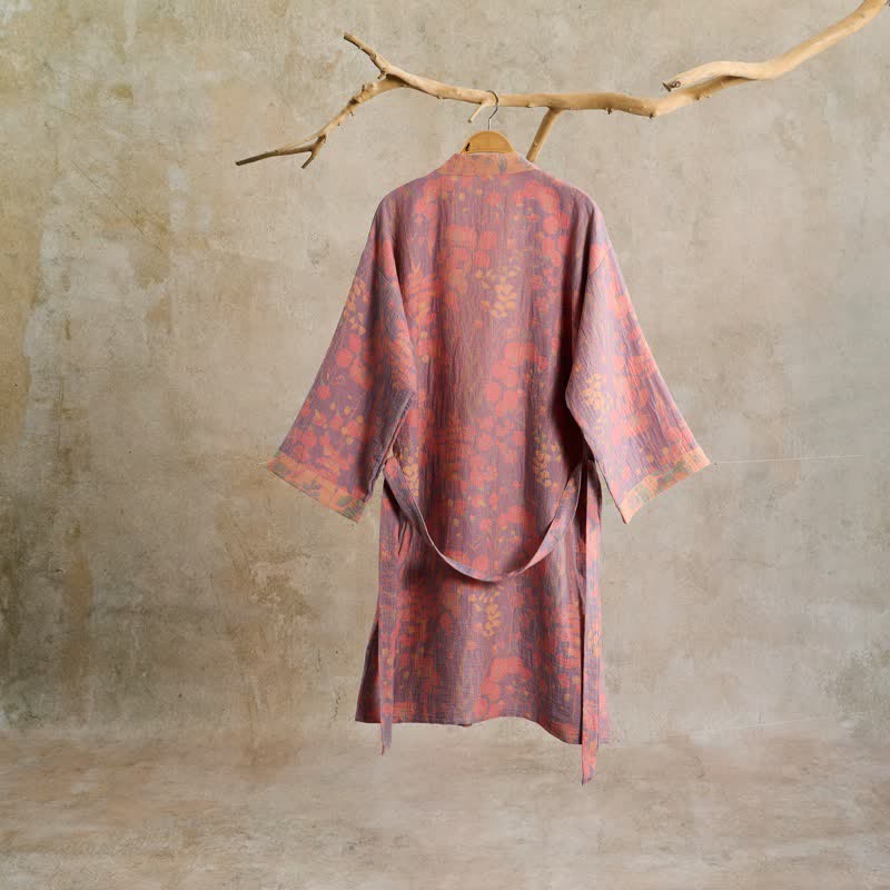 Artistic Botanical Cotton Gauze Kimono Robe