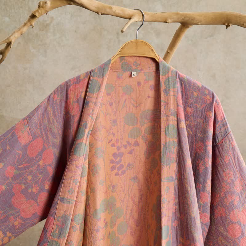 Artistic Botanical Cotton Gauze Kimono Robe