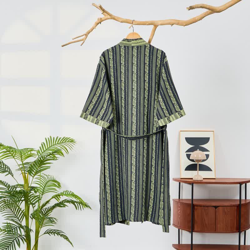 Leaf Striped Cotton Gauze Kimono Robe