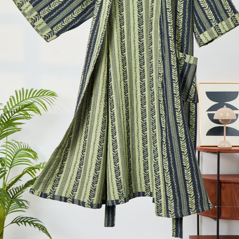Leaf Striped Cotton Gauze Kimono Robe