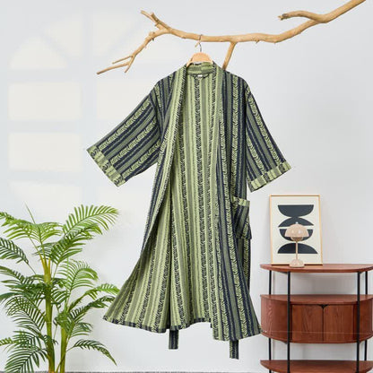 Leaf Striped Cotton Gauze Kimono Robe
