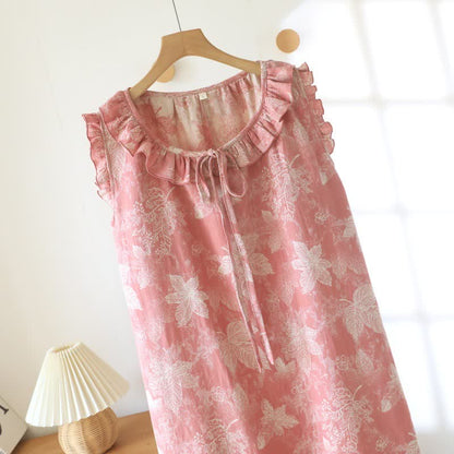 Pink Botanical Leaf Cotton Ruffle Nightgown