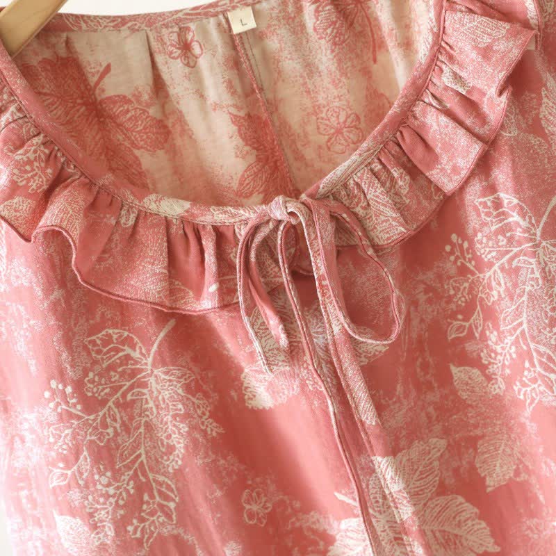 Pink Botanical Leaf Cotton Ruffle Nightgown
