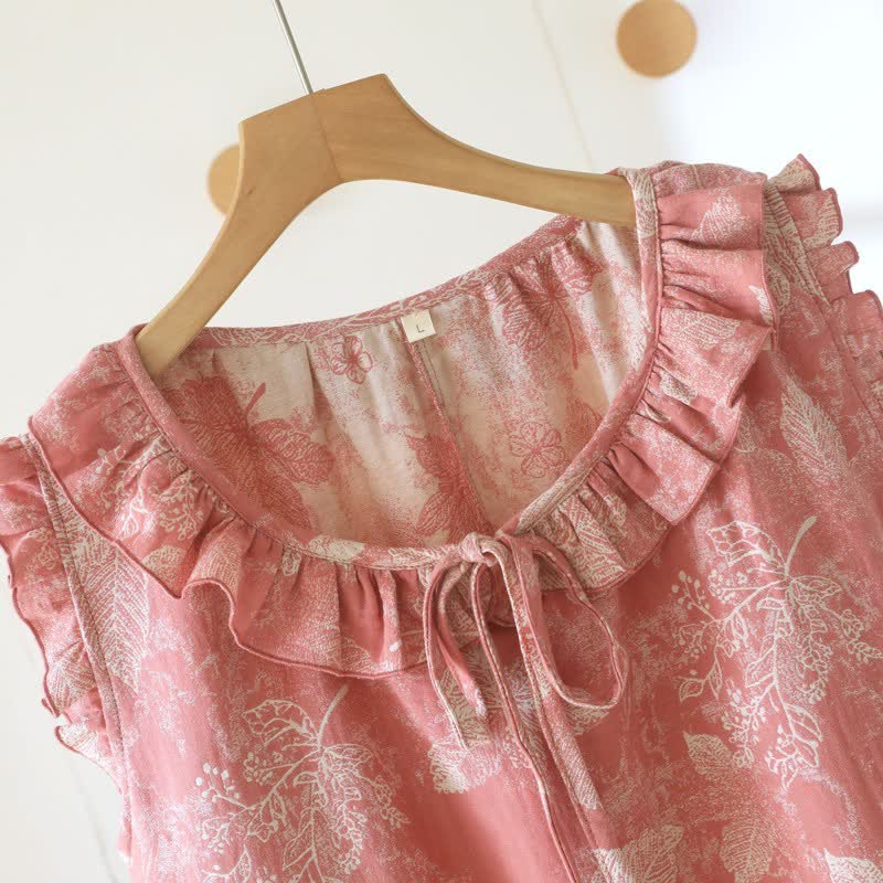 Pink Botanical Leaf Cotton Ruffle Nightgown