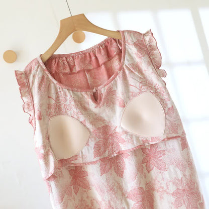 Pink Botanical Leaf Cotton Ruffle Nightgown