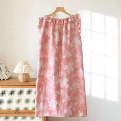 Pink Botanical Leaf Cotton Ruffle Nightgown