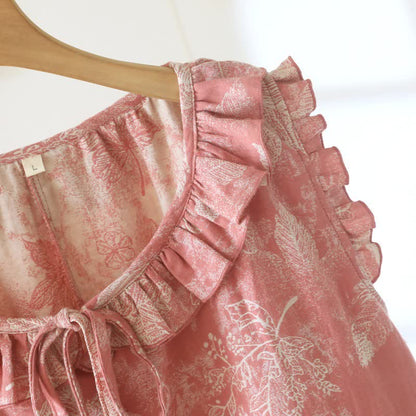 Pink Botanical Leaf Cotton Ruffle Nightgown