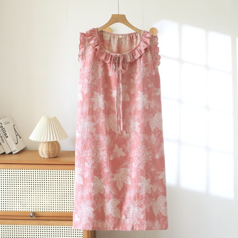 Pink Botanical Leaf Cotton Ruffle Nightgown