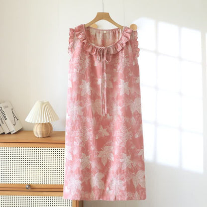 Pink Botanical Leaf Cotton Ruffle Nightgown