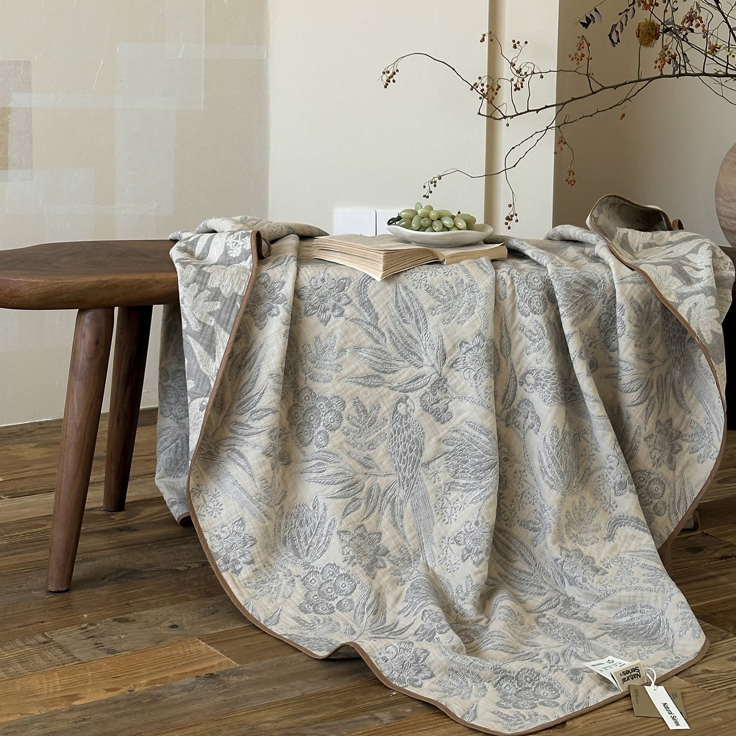Elegant Rustic Grey Floral Muslin Quilt