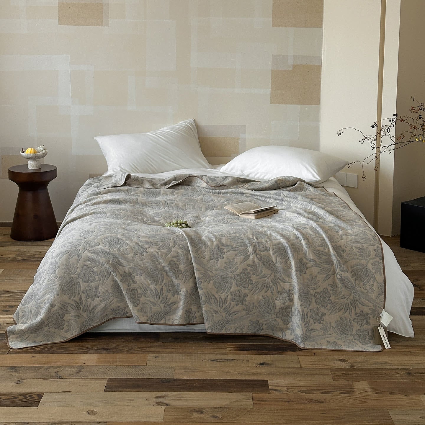 Elegant Rustic Grey Floral Muslin Quilt