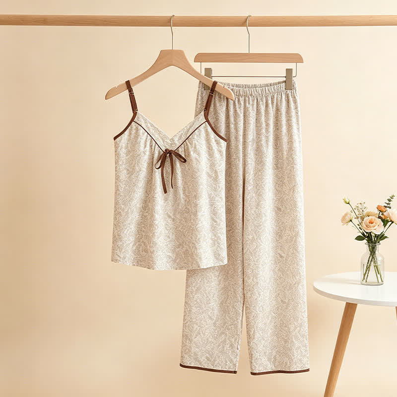 Beige Bow Detail Cami Lounge Set