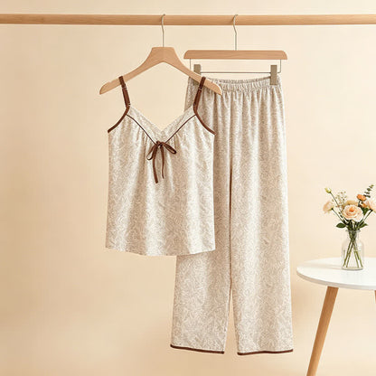 Beige Bow Detail Cami Lounge Set